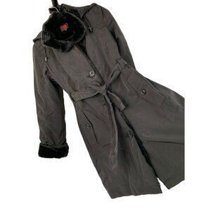 Gallery Womens Black Plush Belted Coat With Faux Fur Lining Trim Hood NWT 7745